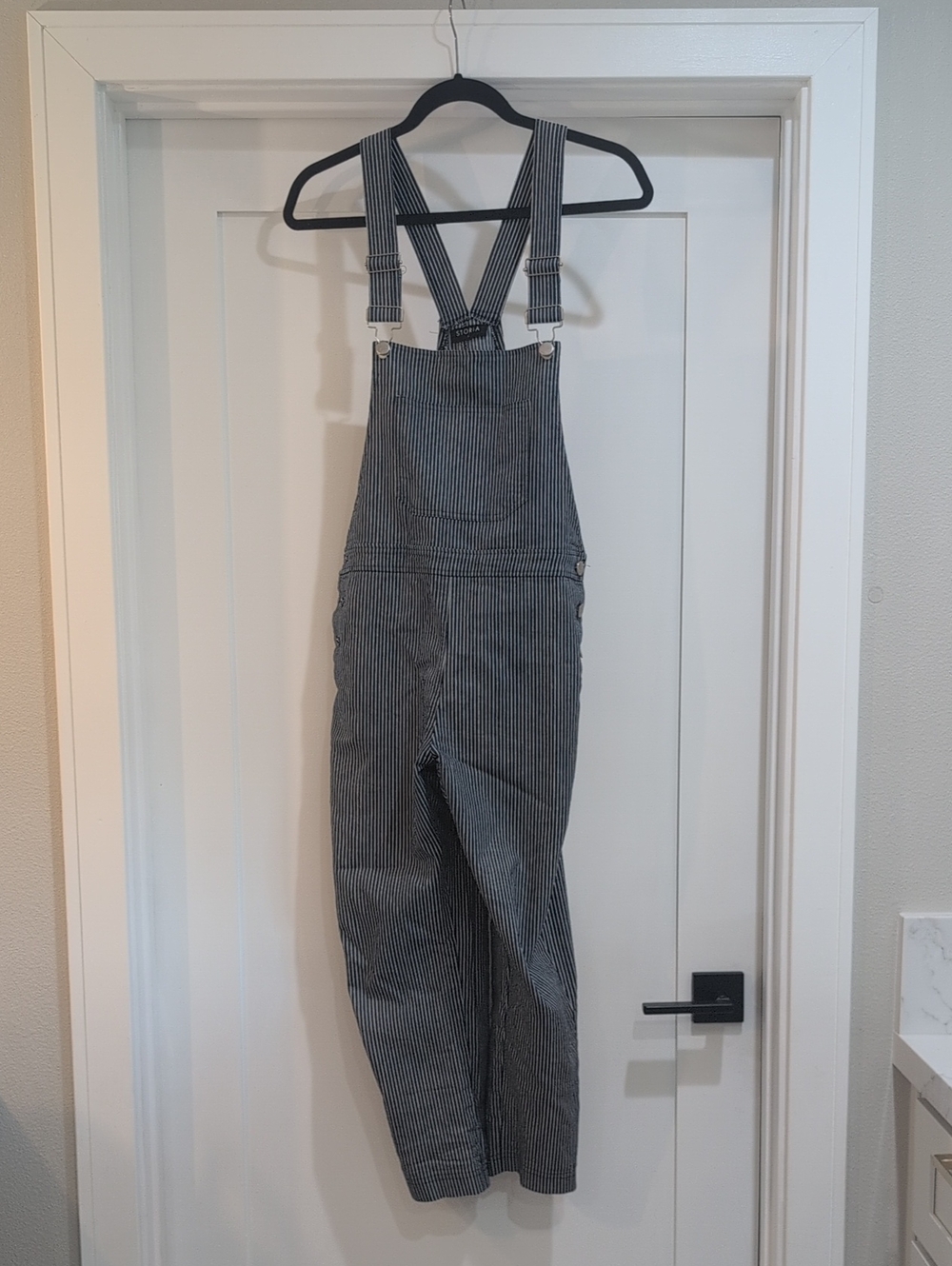 Storia Navy and White Pinstripe Denim Overalls